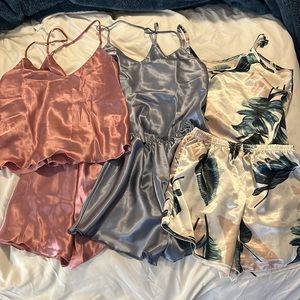 Shein 3pk Satin Two-Piece Sleep Sets 3-Pack (1 Pink 1 Blue 1 Tropical) Size L